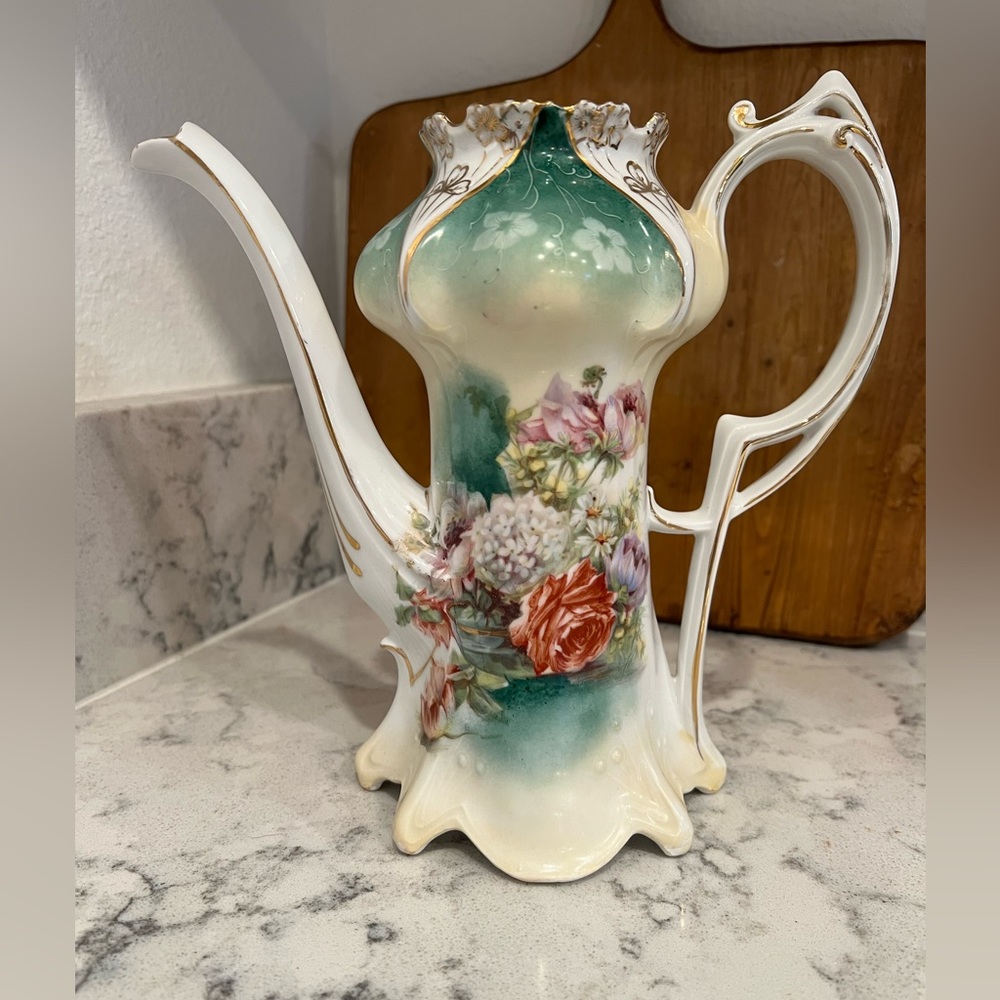 Antique RS PRUSSIA coffee tea pot roses hydrangeas green white